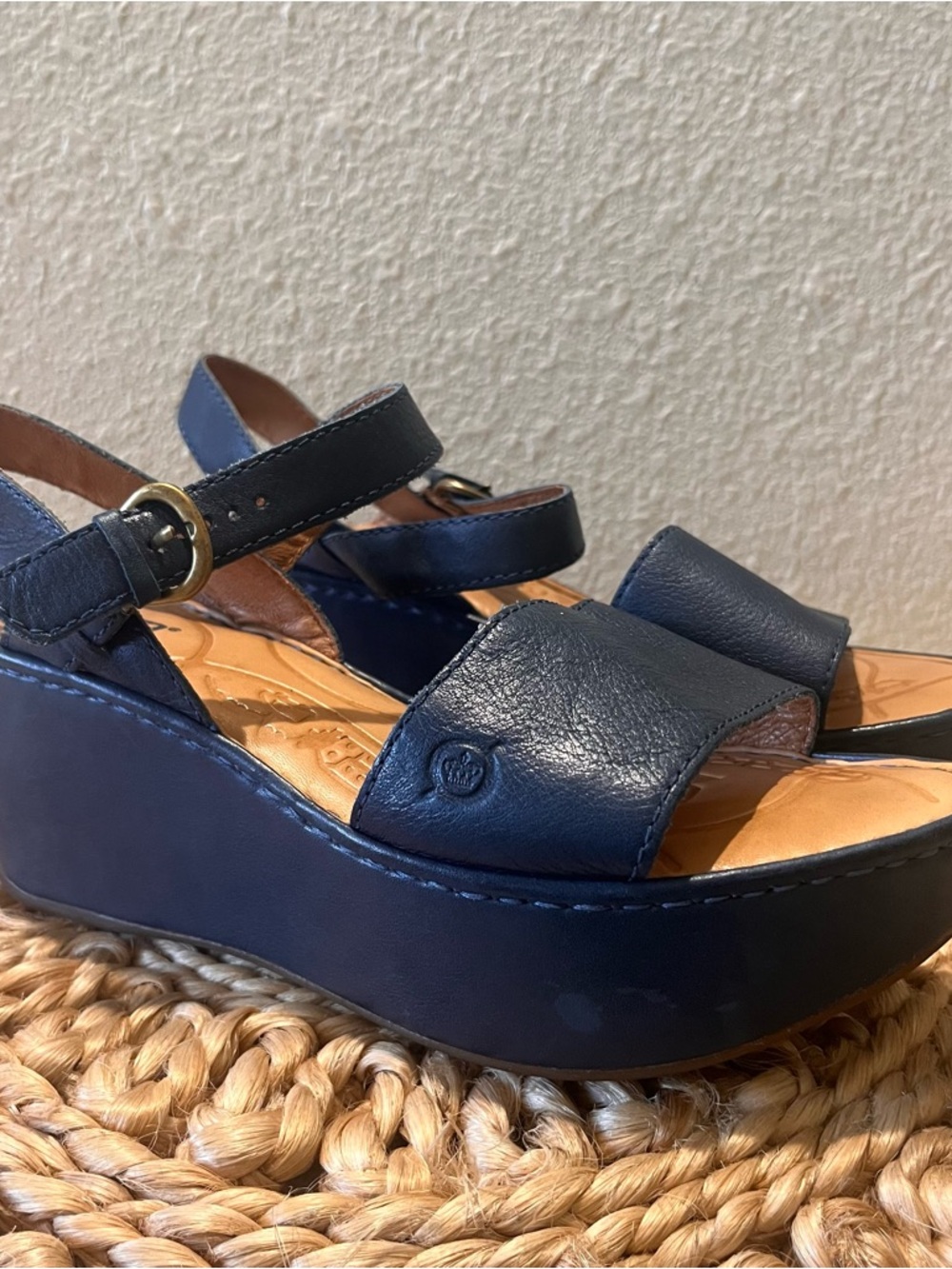 Women’s Blue Platform Sandals - Leather Strappy Wedge